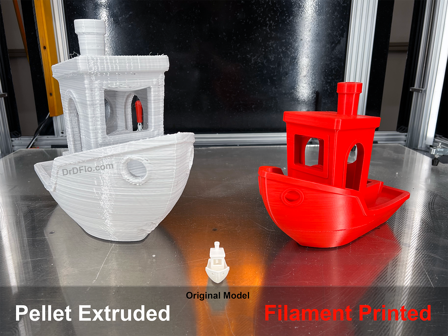 Comparing the quality of a pellet extruded versus filament printed Benchy 3D print.